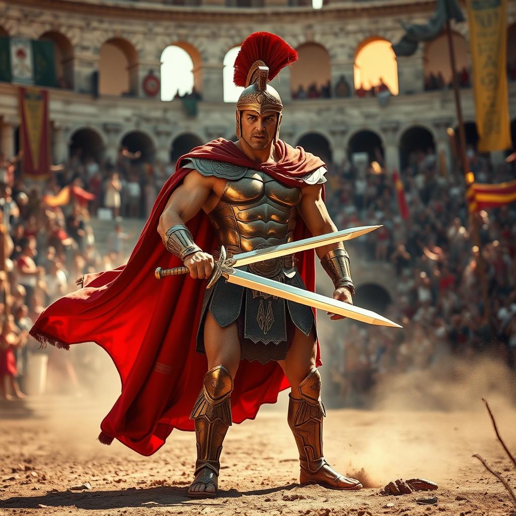 A fierce gladiator stands in the center of an ancient Roman colosseum, his muscular build evident under the sun