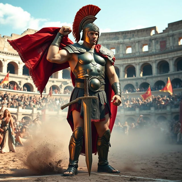 A fierce gladiator stands in the center of an ancient Roman colosseum, his muscular build evident under the sun