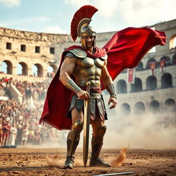 A fierce gladiator stands in the center of an ancient Roman colosseum, his muscular build evident under the sun