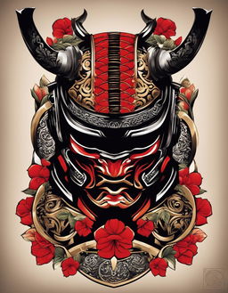 A neo-Japanese tattoo style digital art image featuring a detailed and vibrant depiction of a samurai helmet, or kabuto, with stylized red and black armor plates and a prominent floral crest