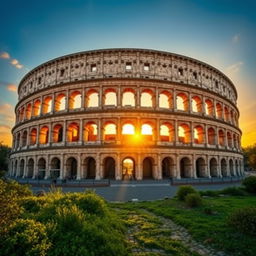 The majestic Roman Colosseum during a vibrant sunset, with warm golden light reflecting off its ancient stone walls