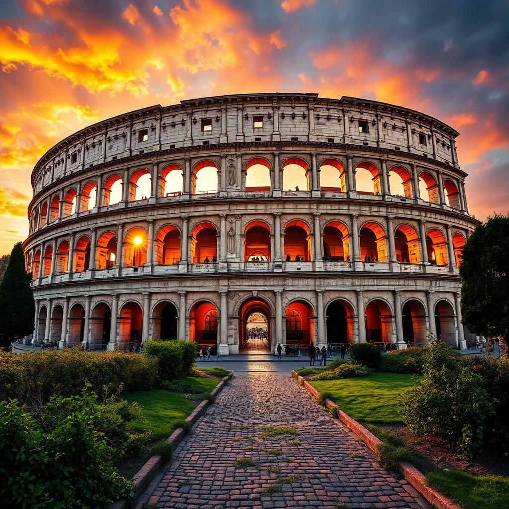 The majestic Roman Colosseum during a vibrant sunset, with warm golden light reflecting off its ancient stone walls