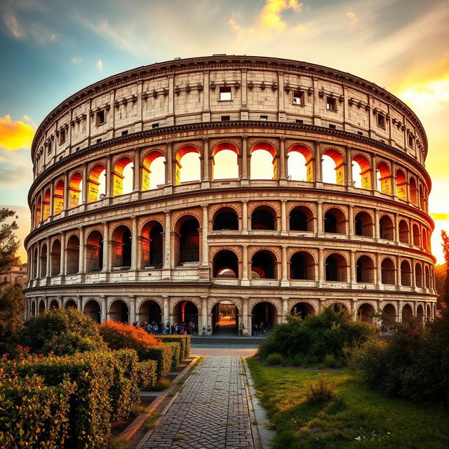 The majestic Roman Colosseum during a vibrant sunset, with warm golden light reflecting off its ancient stone walls