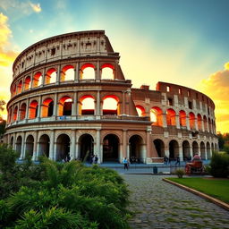 The majestic Roman Colosseum during a vibrant sunset, with warm golden light reflecting off its ancient stone walls