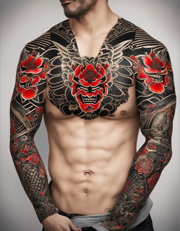 A neo-Japanese tattoo style digital art image featuring a detailed and vibrant depiction of a samurai helmet, or kabuto, with stylized red and black armor plates and a prominent floral crest