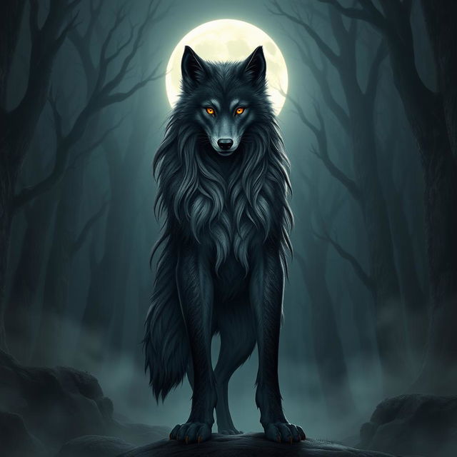 A female werewolf standing majestically in a moonlit forest