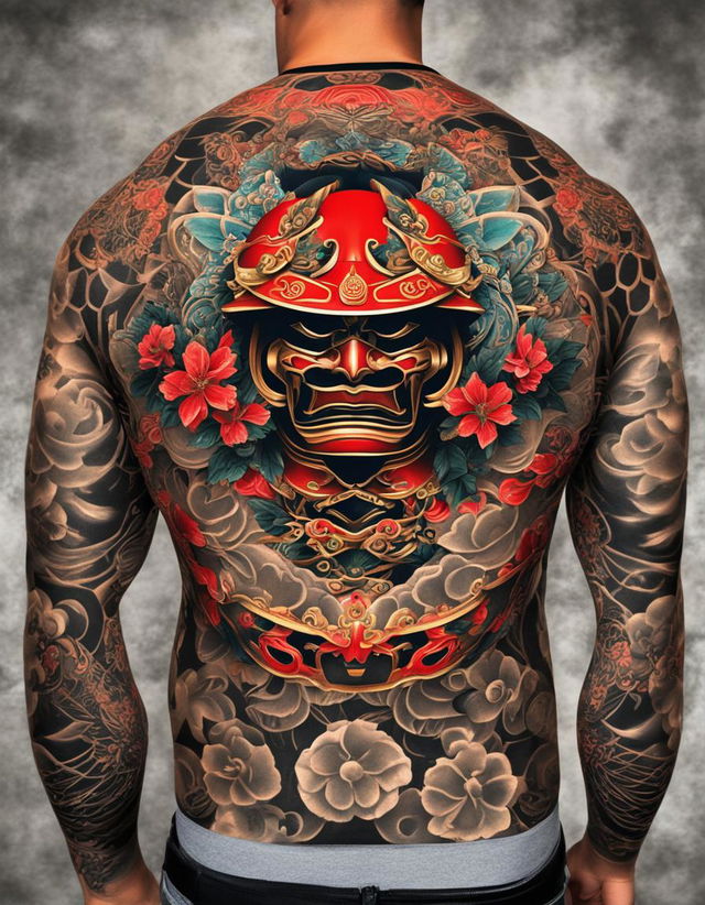 A neo-Japanese tattoo style digital art image featuring a detailed and vibrant depiction of a samurai helmet, or kabuto, with stylized red and black armor plates and a prominent floral crest