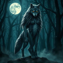 A female werewolf standing majestically in a moonlit forest