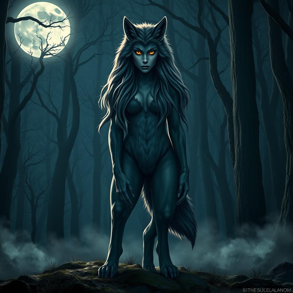 A female werewolf standing majestically in a moonlit forest