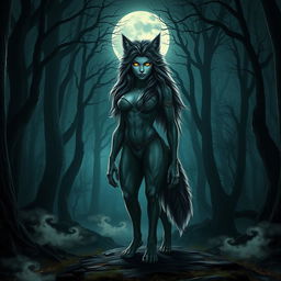 A female werewolf standing majestically in a moonlit forest