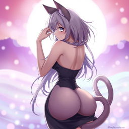 A sultry, playful neko anime girl striking a sexy pose from behind, showcasing her voluptuous curves and delicate features