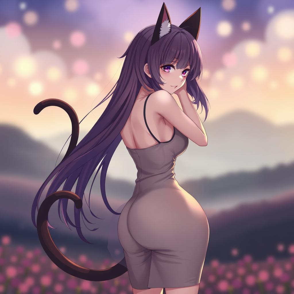 A sultry, playful neko anime girl striking a sexy pose from behind, showcasing her voluptuous curves and delicate features