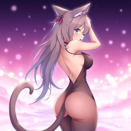 A sultry, playful neko anime girl striking a sexy pose from behind, showcasing her voluptuous curves and delicate features