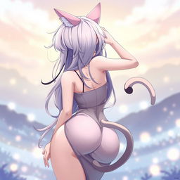 A sultry, playful neko anime girl striking a sexy pose from behind, showcasing her voluptuous curves and delicate features