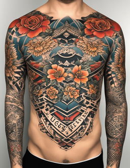 A traditional tattoo style digital art image featuring an intricate design of symmetrical rose blooms and geometric patterns across the torso, surrounded by additional tattoos including a large eagle, flowers, and the text 'UGLY BUT HONEST'