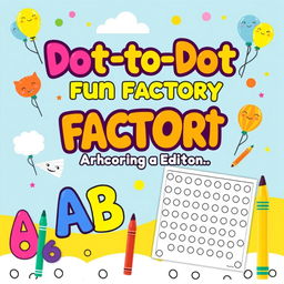 Design a cheerful and colorful activity and coloring book cover for 'Dot-to-Dot Fun Factory: Alphabet & Numbers Edition', aimed at kids ages 2–6