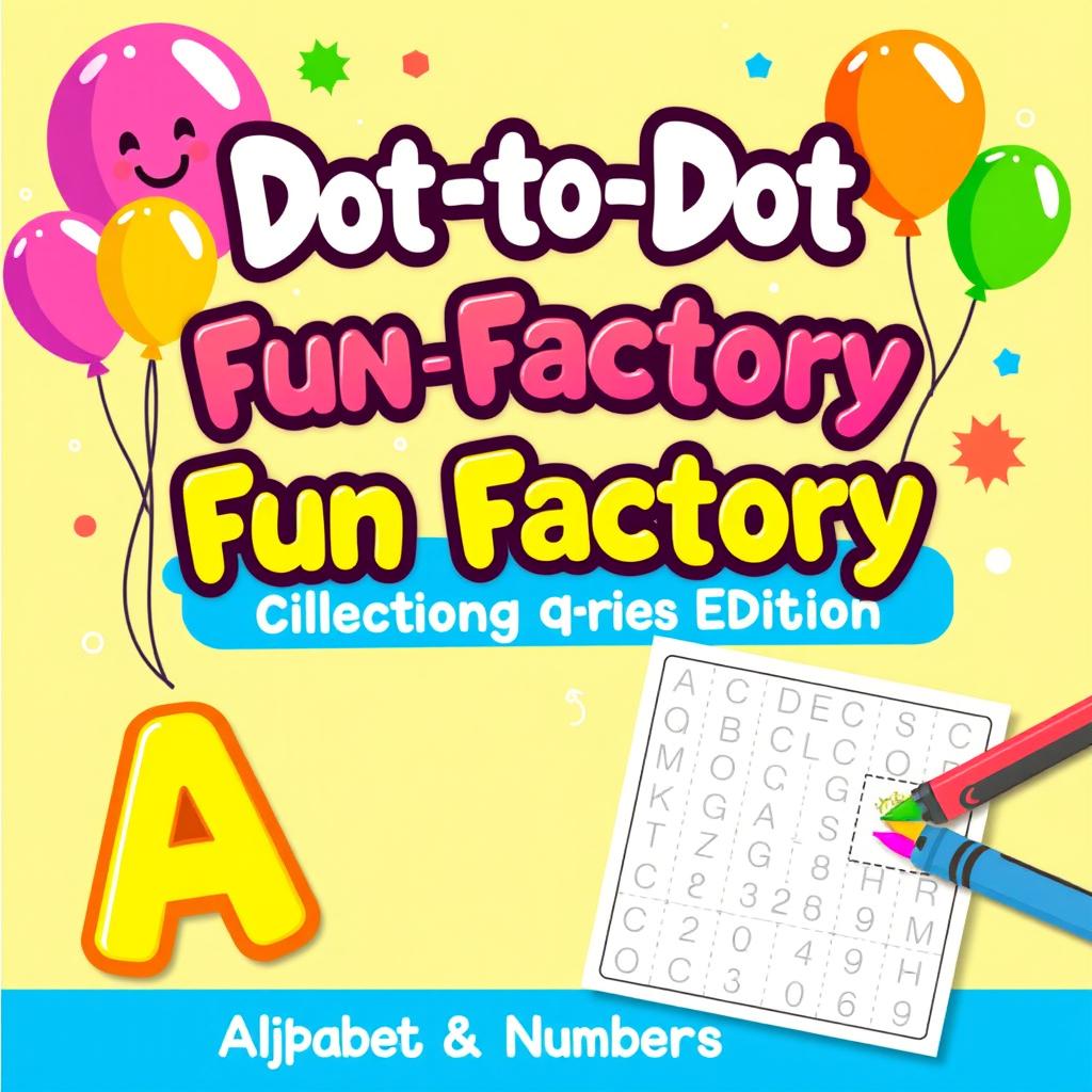 Design a cheerful and colorful activity and coloring book cover for 'Dot-to-Dot Fun Factory: Alphabet & Numbers Edition', aimed at kids ages 2–6