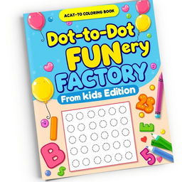 Design a cheerful and colorful activity and coloring book cover for 'Dot-to-Dot Fun Factory: Alphabet & Numbers Edition', aimed at kids ages 2–6