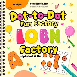 Design a cheerful and colorful activity and coloring book cover for 'Dot-to-Dot Fun Factory: Alphabet & Numbers Edition', aimed at kids ages 2–6