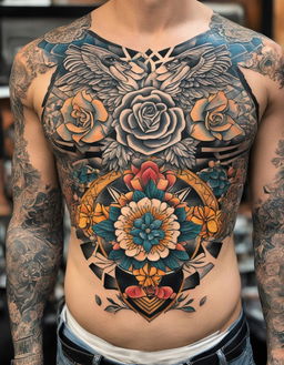 A traditional tattoo style digital art image featuring an intricate design of symmetrical rose blooms and geometric patterns across the torso, surrounded by additional tattoos including a large eagle, flowers, and the text 'UGLY BUT HONEST'