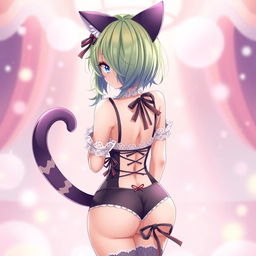 A cute Neko-themed anime girl in a sexy pose from behind, showcasing her cat ears and tail