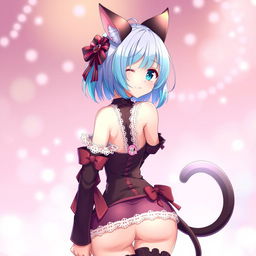 A cute Neko-themed anime girl in a sexy pose from behind, showcasing her cat ears and tail