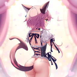A cute Neko-themed anime girl in a sexy pose from behind, showcasing her cat ears and tail
