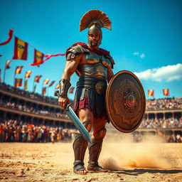 A fierce gladiator standing in a grand Roman arena, wearing detailed bronze armor adorned with intricate designs, holding a gleaming sword and shield