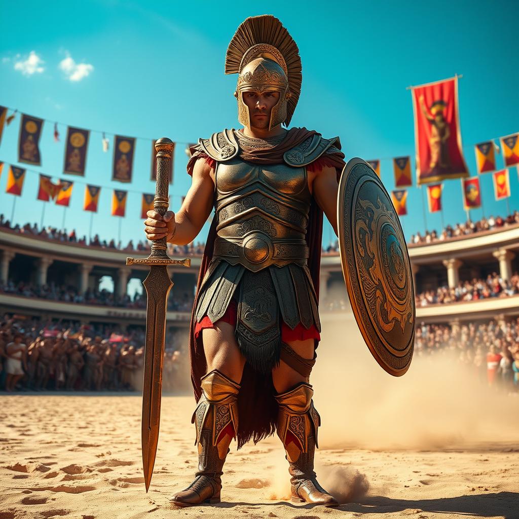 A fierce gladiator standing in a grand Roman arena, wearing detailed bronze armor adorned with intricate designs, holding a gleaming sword and shield