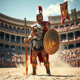 A fierce gladiator standing in a grand Roman arena, wearing detailed bronze armor adorned with intricate designs, holding a gleaming sword and shield