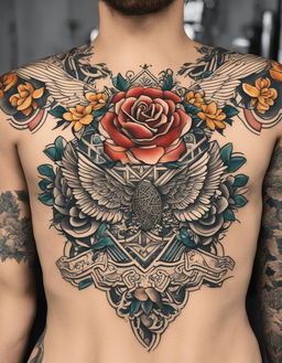 A traditional tattoo style digital art image featuring an intricate design of symmetrical rose blooms and geometric patterns across the torso, surrounded by additional tattoos including a large eagle, flowers, and the text 'UGLY BUT HONEST'