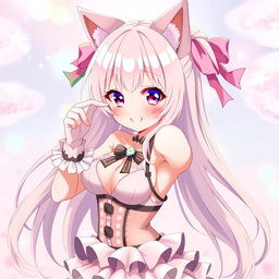 A cute anime girl with cat ears and a playful expression, striking a sexy pose
