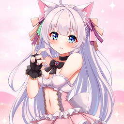A cute anime girl with cat ears and a playful expression, striking a sexy pose