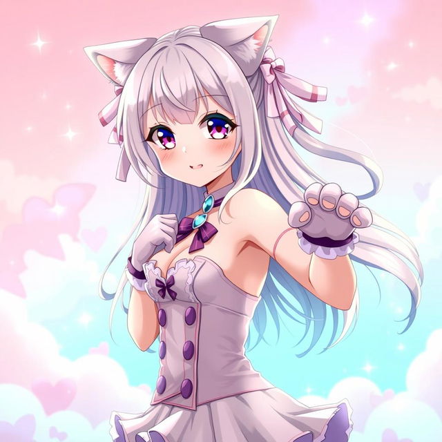 A cute anime girl with cat ears and a playful expression, striking a sexy pose