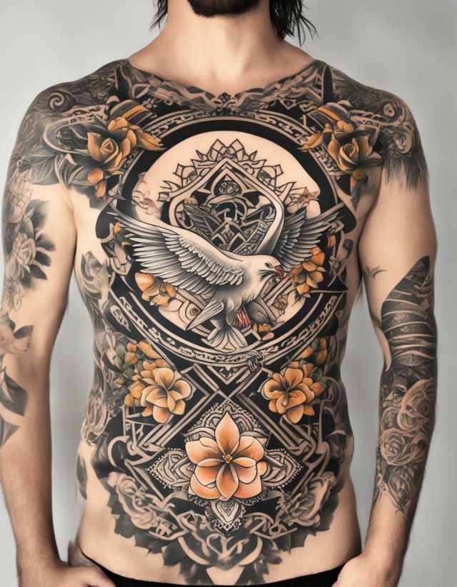 A traditional tattoo style digital art image featuring an intricate design of symmetrical rose blooms and geometric patterns across the torso, surrounded by additional tattoos including a large eagle, flowers, and the text 'UGLY BUT HONEST'