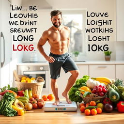 A motivational scene depicting a person achieving weight loss goals, with a supportive environment