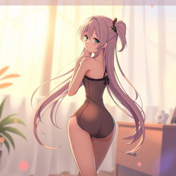 A cute anime girl in a sexy pose, viewed from behind