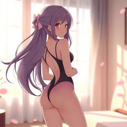 A cute anime girl in a sexy pose, viewed from behind