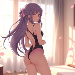 A cute anime girl in a sexy pose, viewed from behind