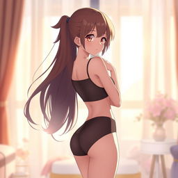 A cute anime girl in a sexy pose, viewed from behind