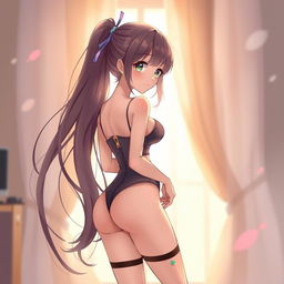 A cute anime girl in a sexy pose, viewed from behind