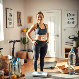 An inspirational scene focusing on a fit woman celebrating her weight loss achievement of 10 kg