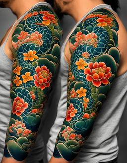 A Japanese tattoo style digital art image featuring a vibrant green and orange serpent coiling around an arm, amidst blooming peony flowers with red petals and yellow centers, set against dark blue wave patterns