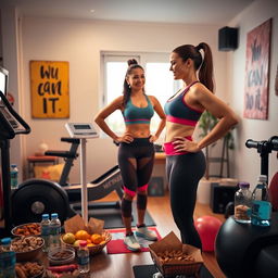 An inspirational scene focusing on a fit woman celebrating her weight loss achievement of 10 kg