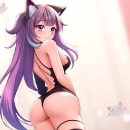 A seductive neko anime girl with feline ears and a playful expression, wearing a stylishly revealing outfit that accentuates her curves