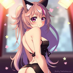 A seductive neko anime girl with feline ears and a playful expression, wearing a stylishly revealing outfit that accentuates her curves