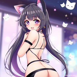 A seductive neko anime girl with feline ears and a playful expression, wearing a stylishly revealing outfit that accentuates her curves
