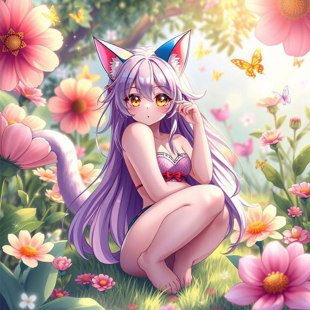 A sexy anime catgirl with vibrant cat ears and a long, fluffy tail, playfully posing in a whimsical, colorful garden filled with oversized flowers and sparkling butterflies