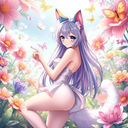 A sexy anime catgirl with vibrant cat ears and a long, fluffy tail, playfully posing in a whimsical, colorful garden filled with oversized flowers and sparkling butterflies