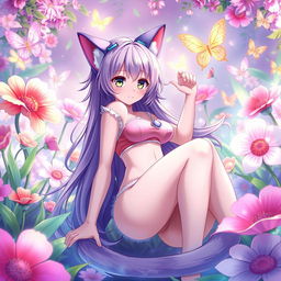 A sexy anime catgirl with vibrant cat ears and a long, fluffy tail, playfully posing in a whimsical, colorful garden filled with oversized flowers and sparkling butterflies